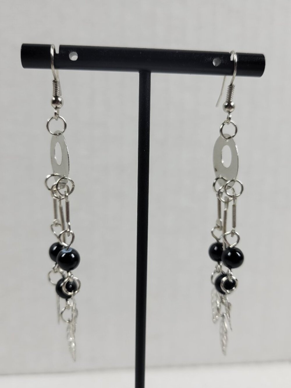Black Bead Silver Dangle Earrings Leaf Charm Drop Boho Fashion Gift‎ E141E